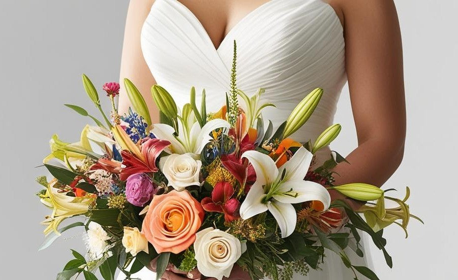 Person holding a colorful bouquet of flowers against a plain background