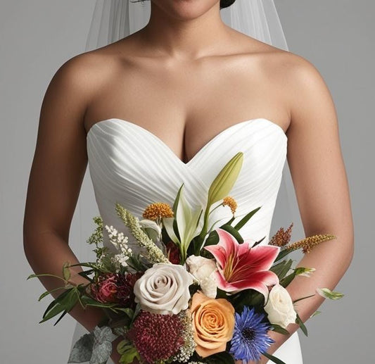Woman in a white strapless dress holding a colorful bouquet against a gray background