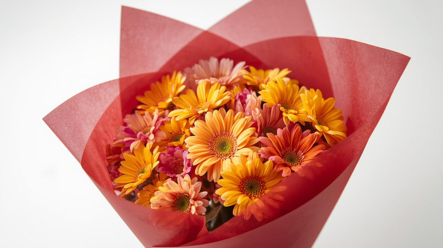 Bouquet of flowers wrapped in red paper on a white background