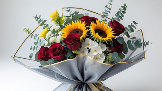 Bouquet of flowers with sunflowers, roses, and eucalyptus in a gray wrap on a white background