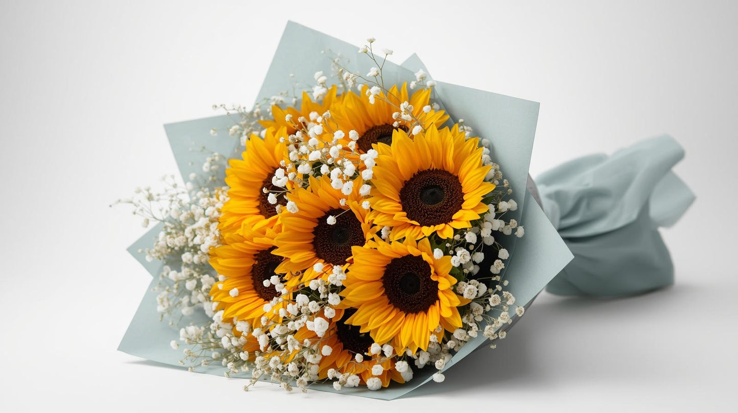 Bouquet of sunflowers with small white flowers on light gray background