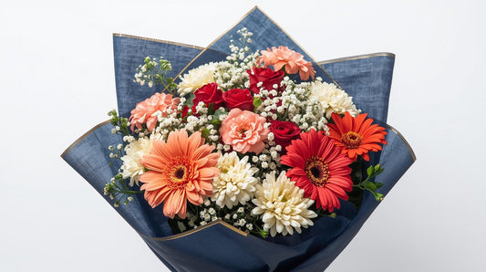 Bouquet of colorful flowers in a blue wrap on a white background