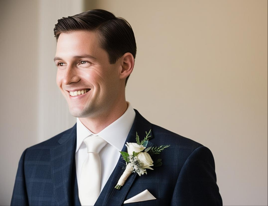 Man in a suit with a floral boutonniere against a neutral background