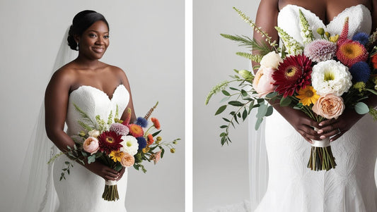 Bride holding a colorful bouquet against a plain background