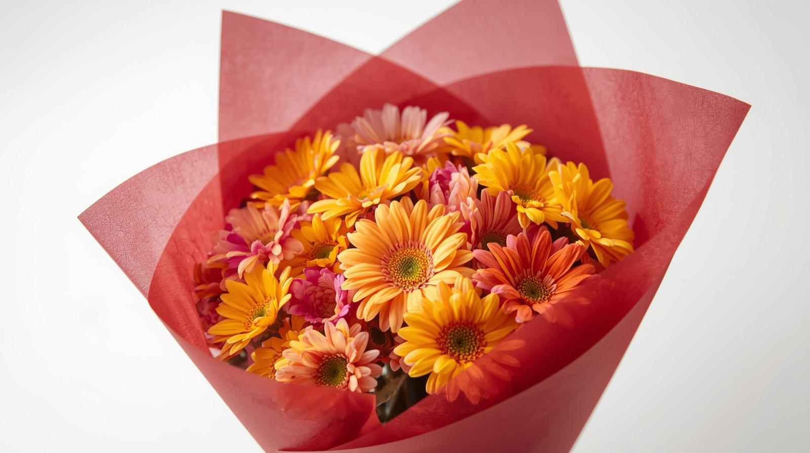 Bouquet of flowers wrapped in red paper on a white background