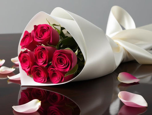 Bouquet of red roses wrapped in white paper with a ribbon on a reflective surface.