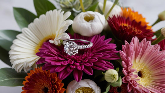 Diamond ring on a colorful bouquet of flowers