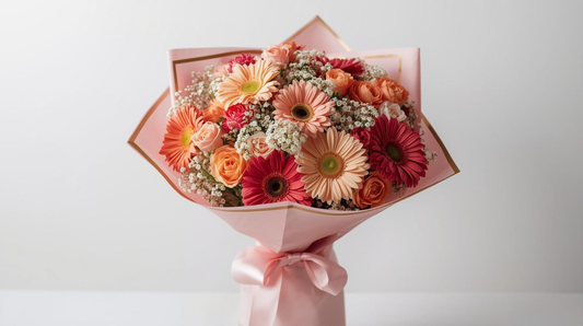 Bouquet of flowers wrapped in pink paper with a white background