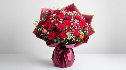 Bouquet of red and pink roses with greenery in a pink wrap on a white background