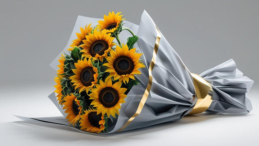 Bouquet of sunflowers wrapped in gray paper with a gold ribbon on a light gray background