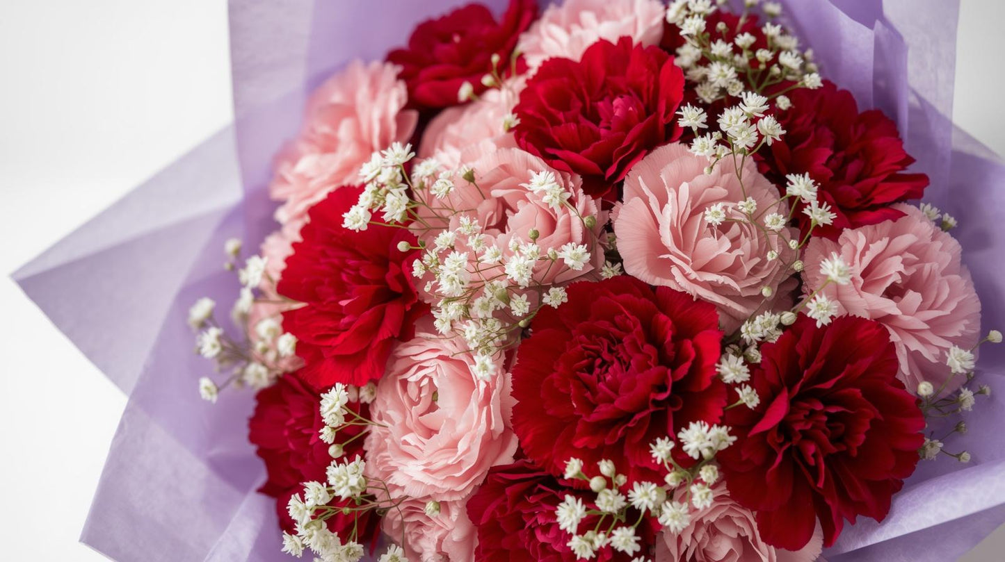 Bouquet of red and pink flowers with white accents on a light purple background