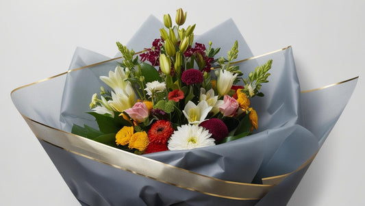 A signature flower arrangement by Whirling Flowers, featuring a beautiful trio of tulips, roses, and lilies, wrapped in grey paper with a gold trim.