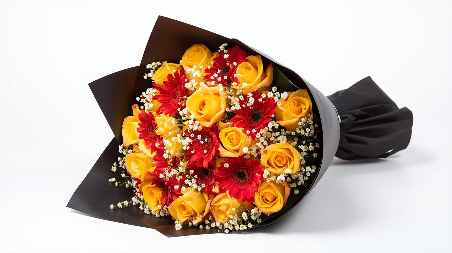 Bouquet of yellow and red flowers wrapped in black paper on a white background