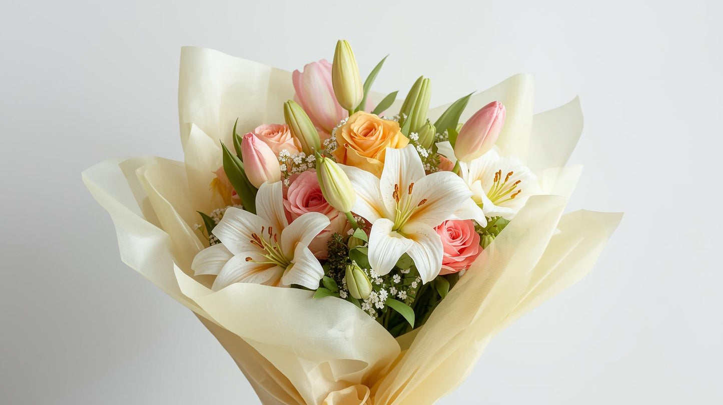Bouquet of flowers wrapped in beige paper on a light gray background