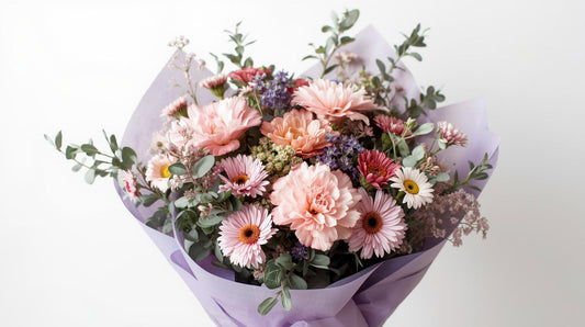 Bouquet of flowers wrapped in purple paper on a white background